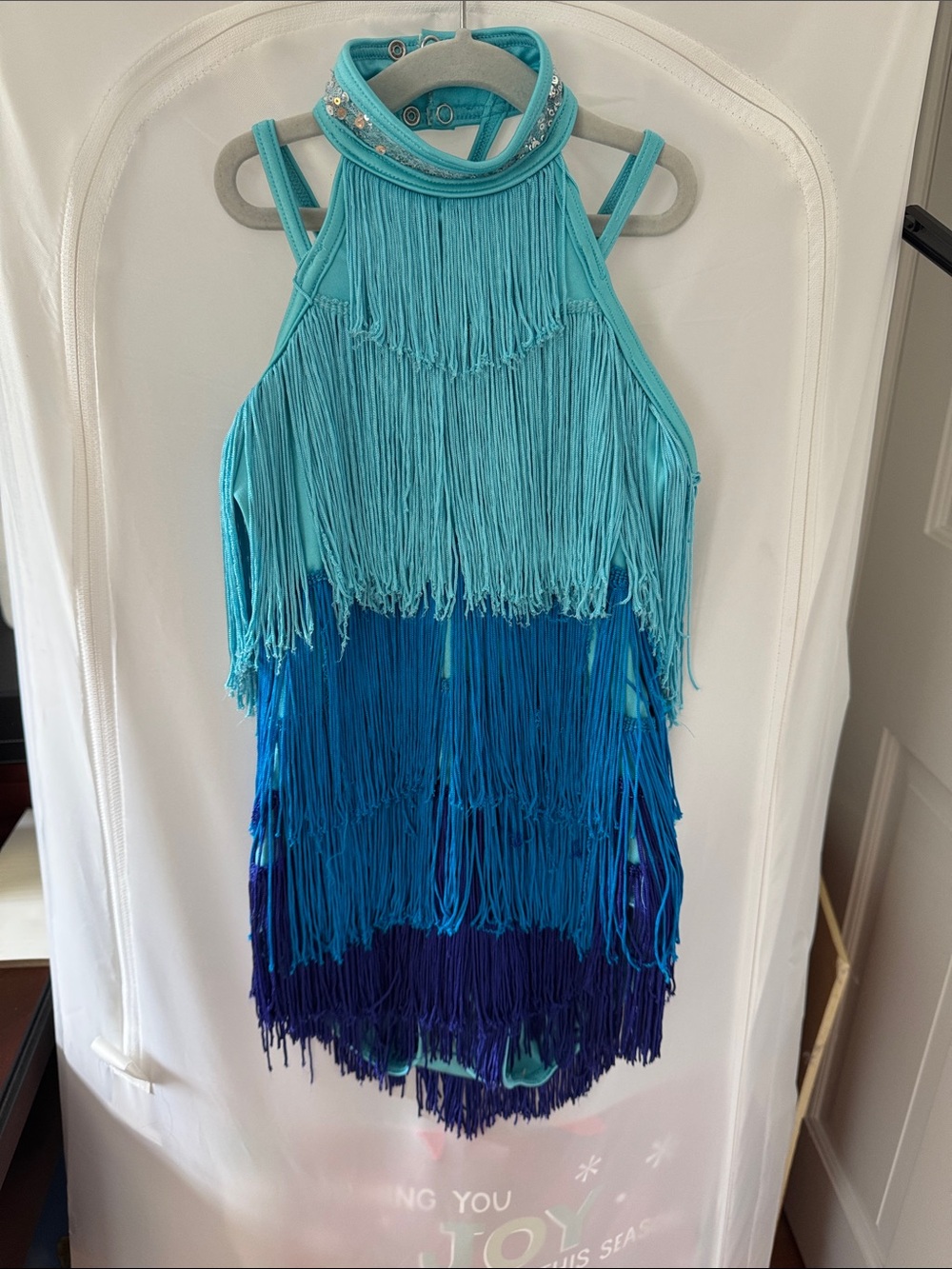 Weissman Turquoise to Navy Layered Fringe Halter Leotard